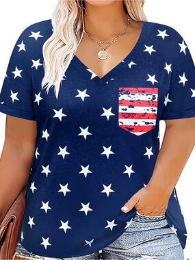 Women’s Plus Navy Star Print V-Neck Tee with Striped Pocket - 3XL